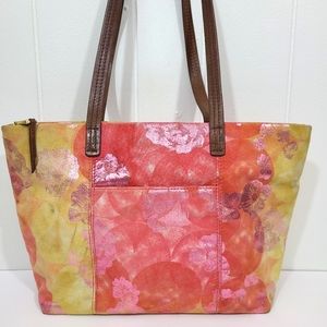 Hobo International Floral Tote Suede Nubuc Leather Foil Metallic Shimmer Zip Bag